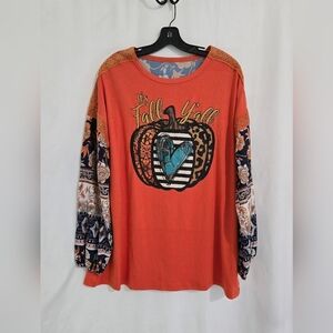 “It’s Fall Y’all” Pumpkin Patchwork Tee Size M Loose Floral Long Sleeve
